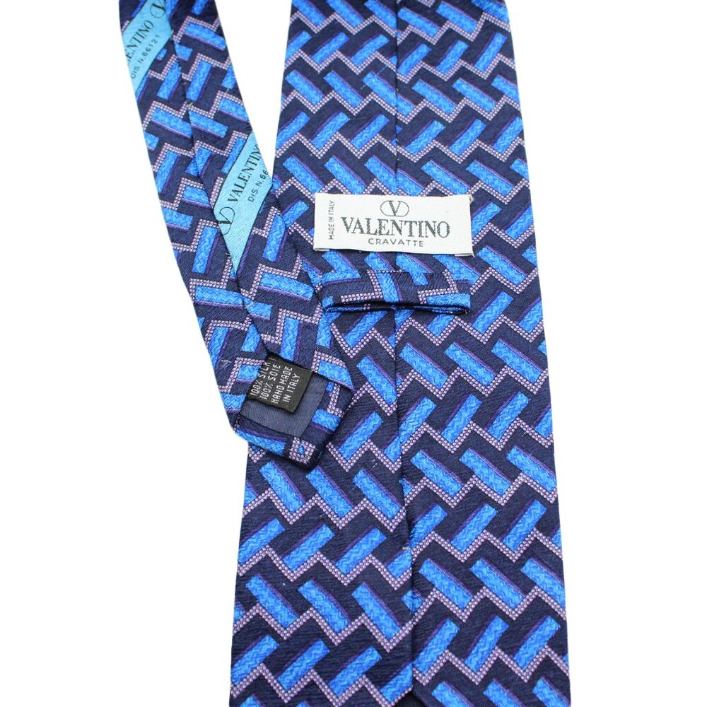 VALENTINO Cravatte 100% Silk Hand Made Blue Multi-Color Geometric Neck Tie